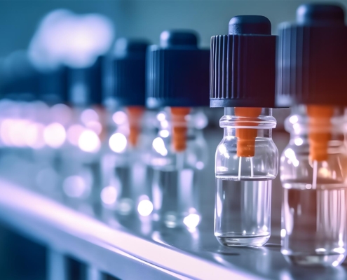 Close-up of several medical vials in a row